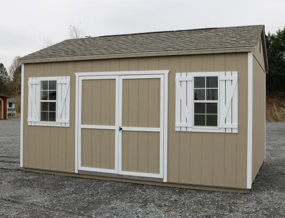 Pine Creek 12x16 HD Peak with PC Clay walls, White trim and White shutters, and Weatherwood shingles